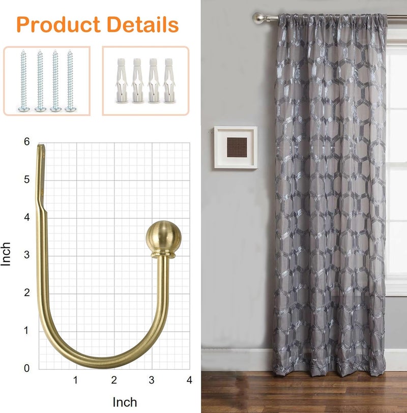 ARNORX Curtain Holdbacks, Hooks, 2 PCS，Solid Steel Hooks, Decorative French Ball End, Curtain Drapery Holdbacks, Wall Mounted, Curtain Tiebacks, Brass Brushed - Image 5
